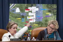Rep. Madeleine Dean points to a map of the shooting scene as she questions witnesses during a hearing of the House Task Force on the Attempted Assassination of Donald Trump on Capitol Hill in Washington D.C., US, Sept 26, 2024. 