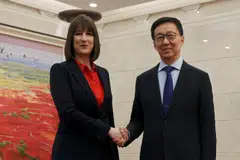 Britain's Chancellor of the Exchequer Rachel Reeves and Chinese Vice-President Han Zheng shake hands before their meeting at the Great Hall of the People in Beijing, China, Jan 11, 2025.