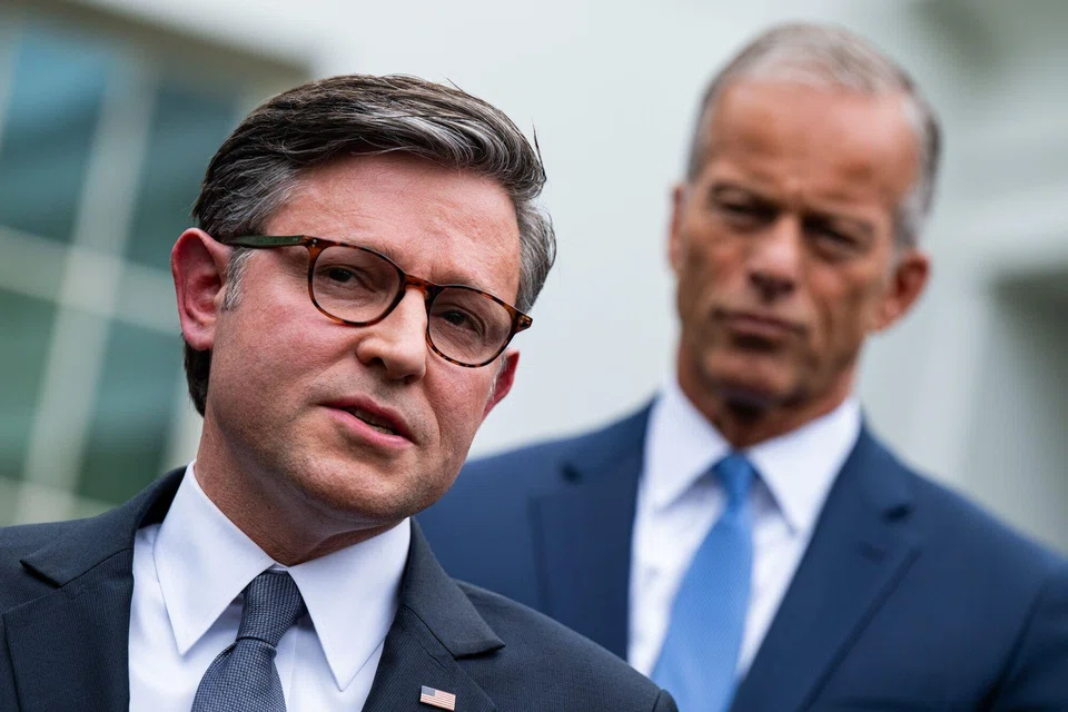 (From left) US House Speaker Mike Johnson and Senate Majority Leader John Thune speak to members of the media following a meeting with President Trump at the White House in Washington D.C., Sep 29, 2025. 
