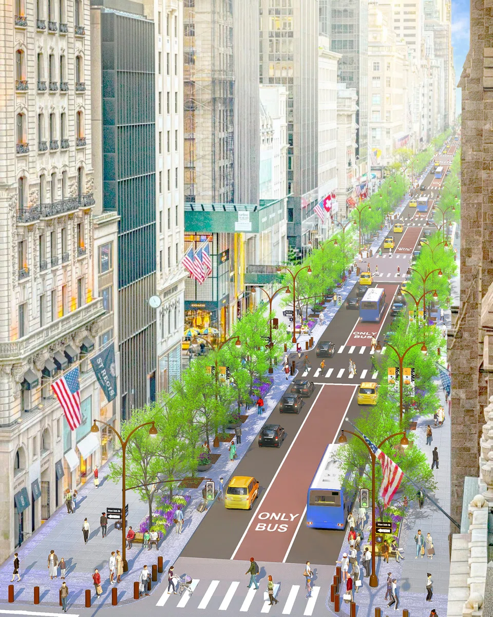 The proposed redesign will span 20 blocks south of 60th Street, between Central Park and Bryant Park. It will significantly widen the sidewalks, add seating areas and plant more than 200 trees – while taking away two of the avenue’s five traffic lanes.