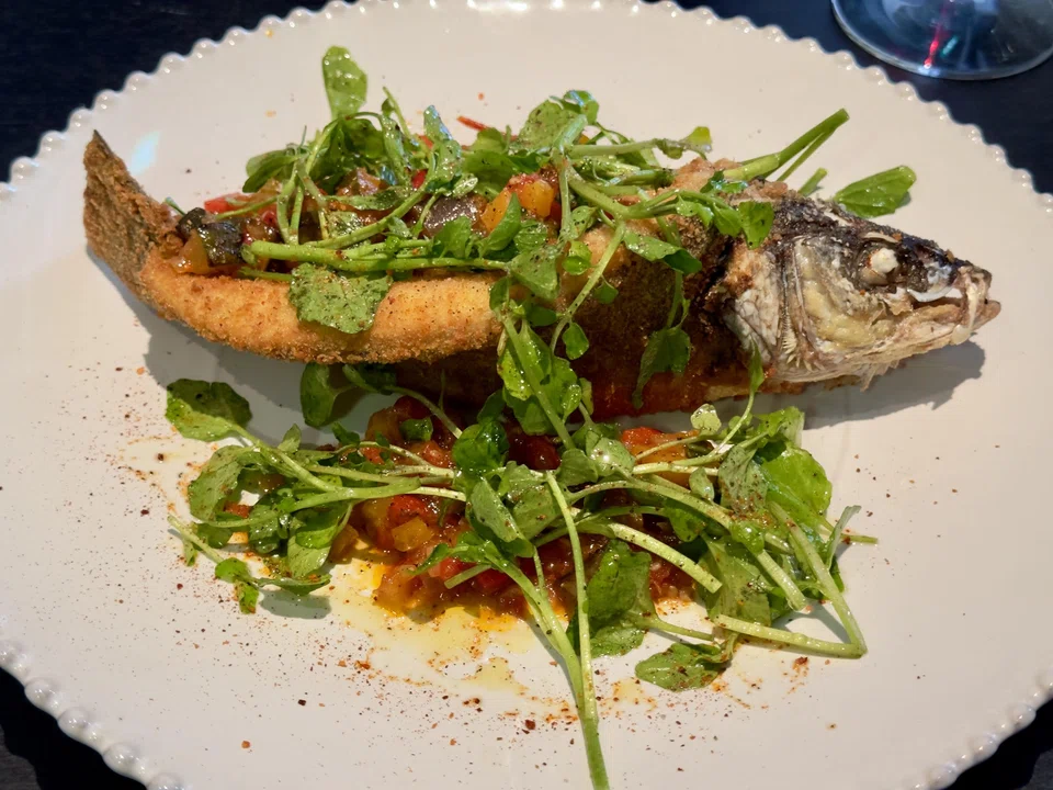 Crispy sea bass and ratatouille.