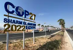 COP27 signage on the road leading to the conference venue in Egypt's Red Sea resort of Sharm el-Sheikh.