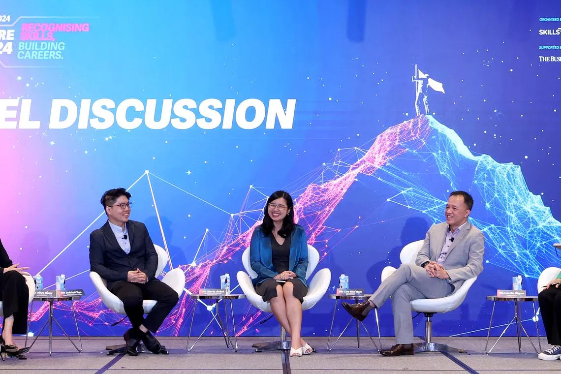 From left: Dilys Boey, chief executive of Workforce Singapore; Jedrick Tan, CEO of Fei Siong FastFood (Popeyes PLK Singapore); Gloria Arlini, COO and country lead of Generation Singapore; Lim Min Han, head of consulting at Ensign InfoSecurity; and Lee Su Shyan, associate news editor of The Business Times.
