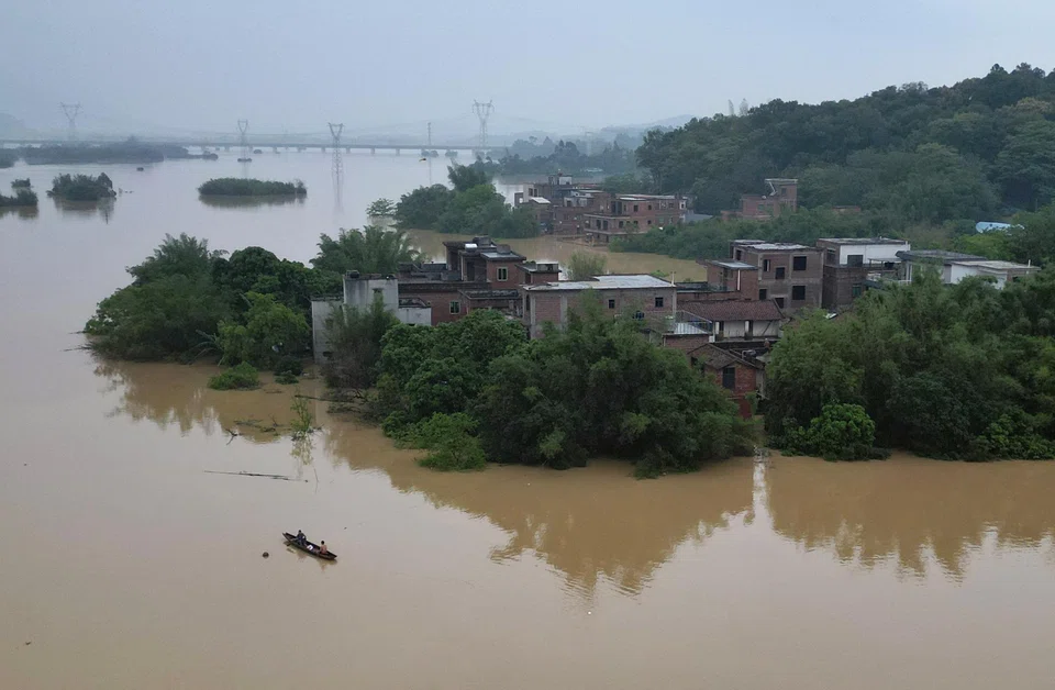 Houses submerged in floodwaters following heavy rainfall, at a village in Qingyuan, Guangdong province, China April 22, 2024. Last year, 79 disasters associated with water-related weather hazards were reported in Asia. 