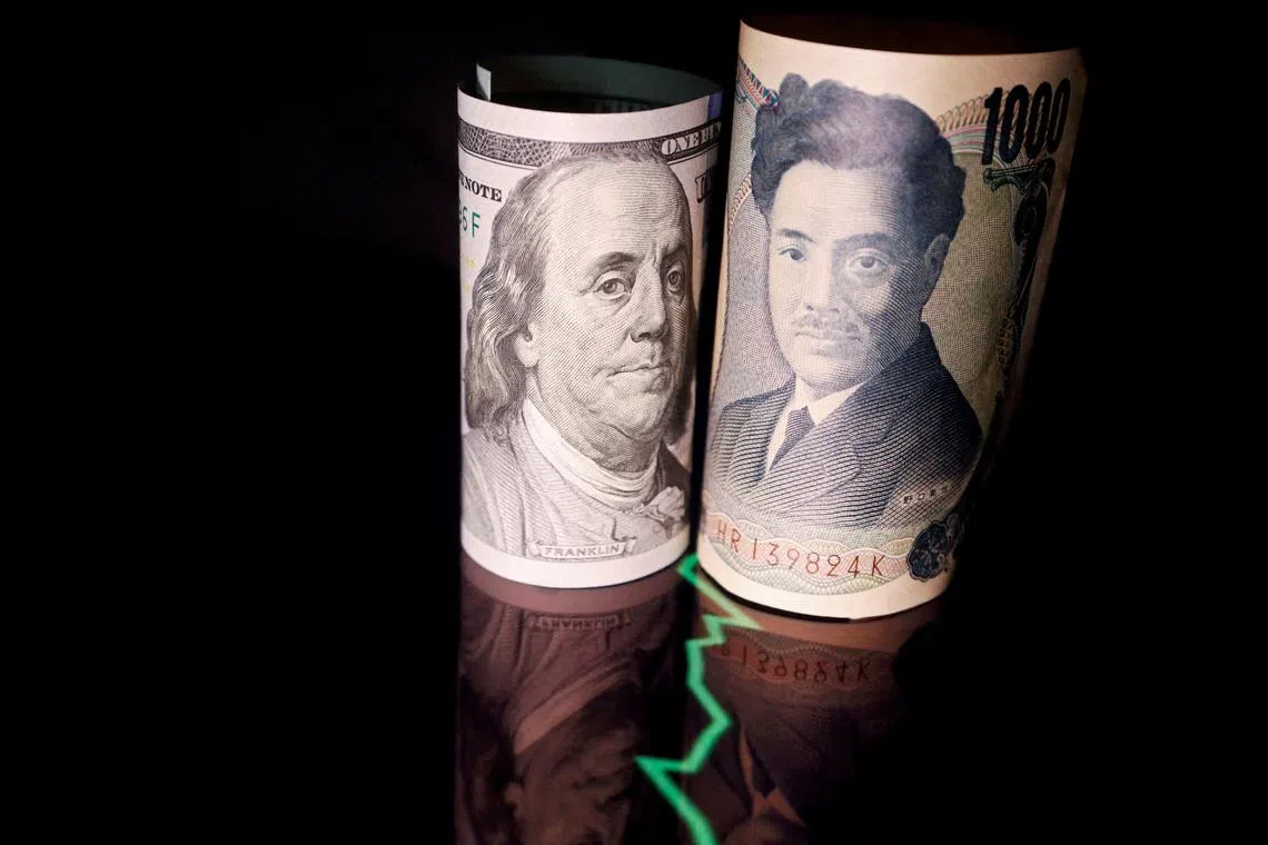FILE PHOTO: Japanese yen and U.S. dollar banknotes are seen with a currency exchange rate graph in this illustration picture taken June 16, 2022. REUTERS/Florence Lo/Illustration/File Photo