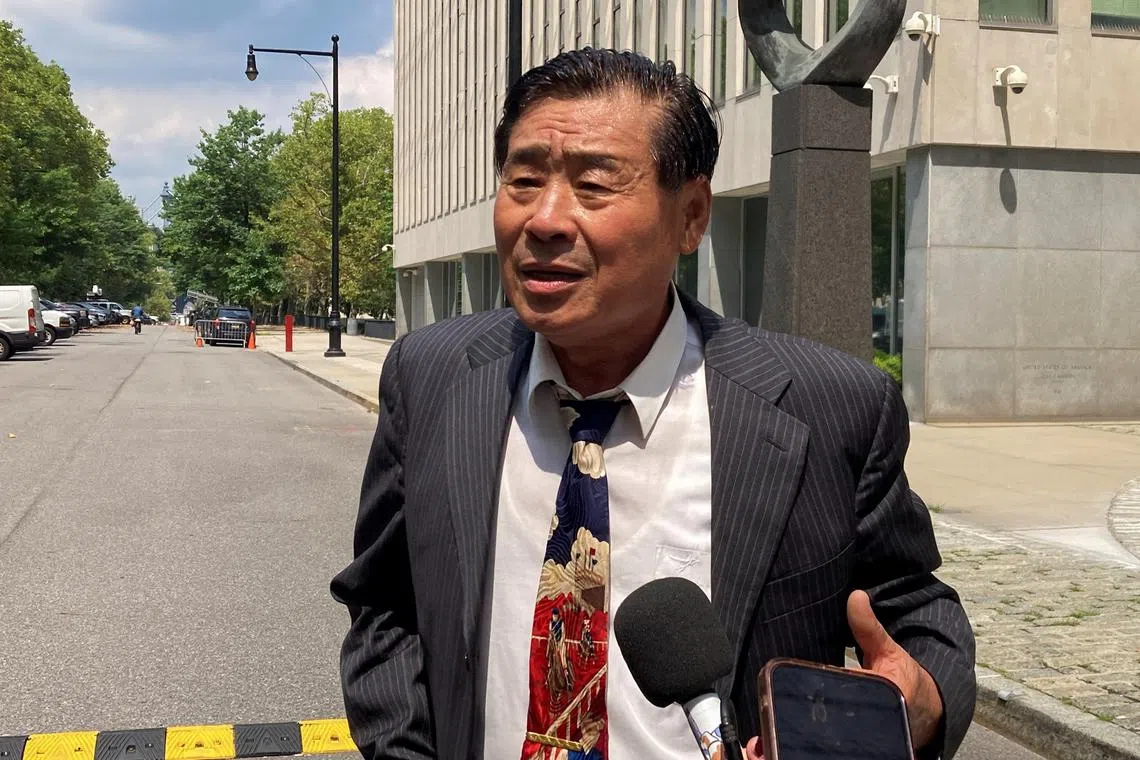 Chinese-American academic Wang Shujun speaks to the press after being convicted in Brooklyn federal court on charges of acting as an illegal agent of China's government, in New York, US, Aug 6, 2024.
