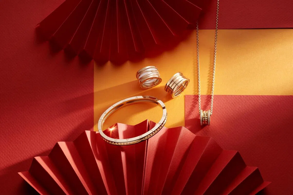 Left to right: B.zero1 Rock bangle in rose gold and black ceramic (S$12,300); B.zero1 Design Legend ring in rose gold with white ceramic (S$4,660); B.zero1 4-band ring in rose gold (S$4,460); B.zero1 Rock necklace in yellow gold and pavé diamonds (S$10,850)