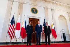 (From left) Philippines President Ferdinand Marcos Jr., US President Joe Biden and Japan Prime Minister Fumio Kishida arrive for a trilateral meeting at the White House in Washington, DC, April 11, 2024. 