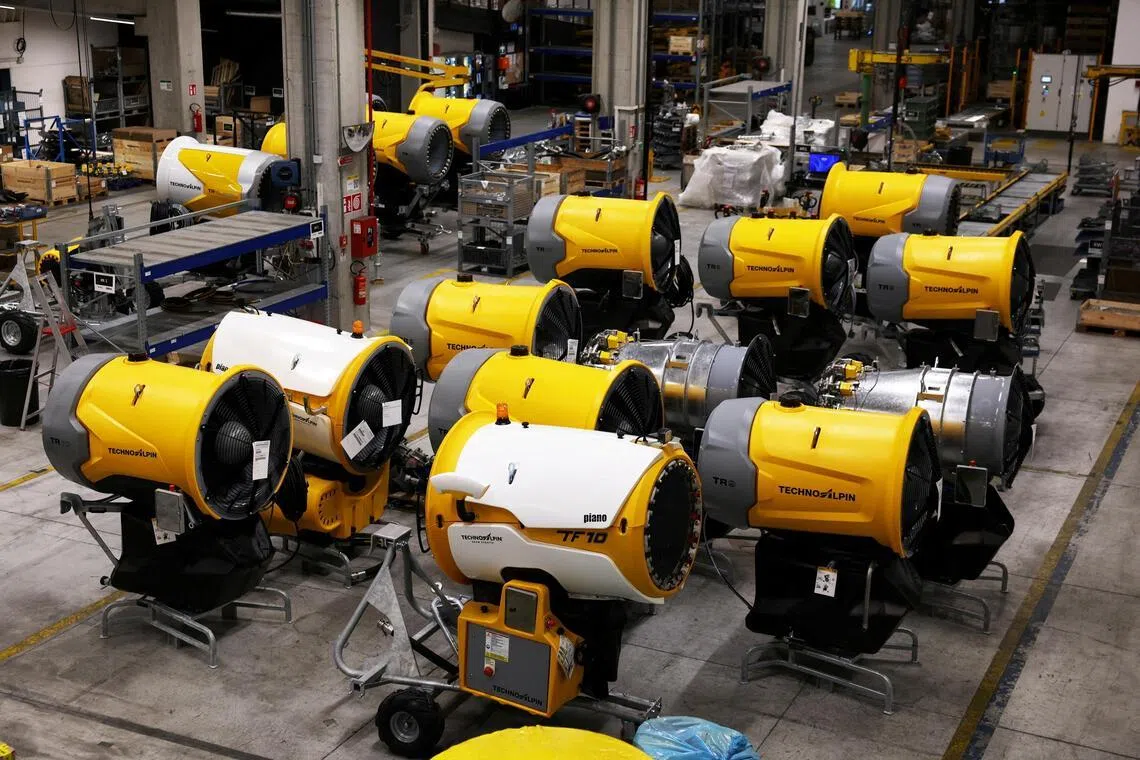 Snow cannons inside the TechnoAlpin factory in Bolzano, Italy. But, the manufacturing sectors in Italy (above), Spain, Germany and Austria all remained in contraction territory.