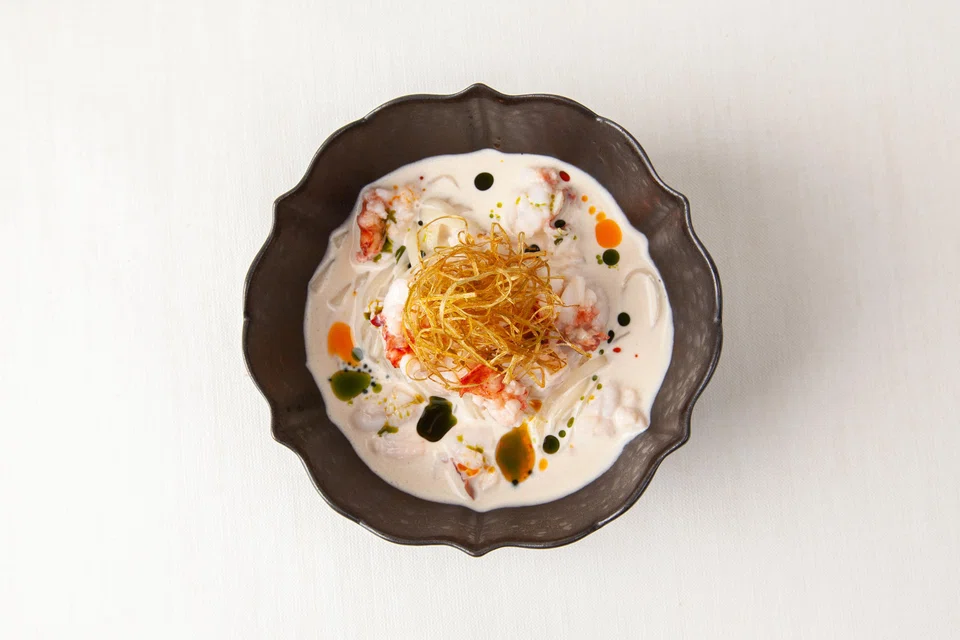 Udon Noodles in soy milk lobster bouillon at Mora.