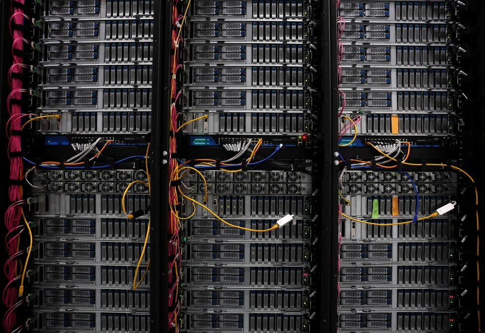 Racks for data servers, GPUs and CPUs in a data centre. It is estimated that US$3 trillion to US$7 trillion will be invested in AI infrastructure in the next five years.