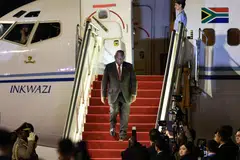 South Africa's President Cyril Ramaphosa arrives at the Beijing Capital International Airport, ahead of the 2024 Summit of the Forum on China-Africa Cooperation (FOCAC) in Beijing.
