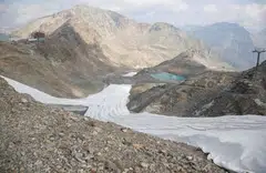 Retreating glacier, at Diavolezza ski area near the Alpine resort of Pontresina, Switzerland Jul 21, 2022.  