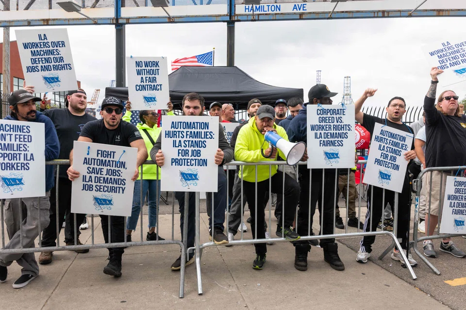 Striking workers demand for better work conditions at the Red Hook Container Terminal in Brooklyn, New York, Oct 2, 2024.