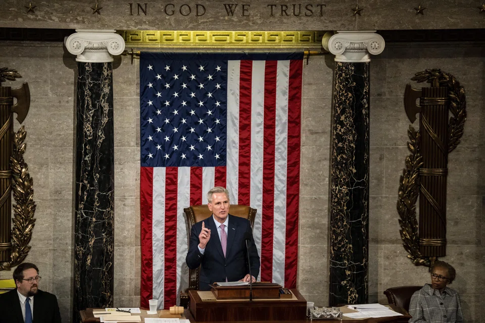 Kevin McCarthy gives a speech after finally winning the vote for Speaker of the House on the 15th attempt, at the Capitol, in Washington on Jan. 7, 2023. His slog to his post ended with a remarkably public show of intraparty strife that played out in a history-making overnight session.
