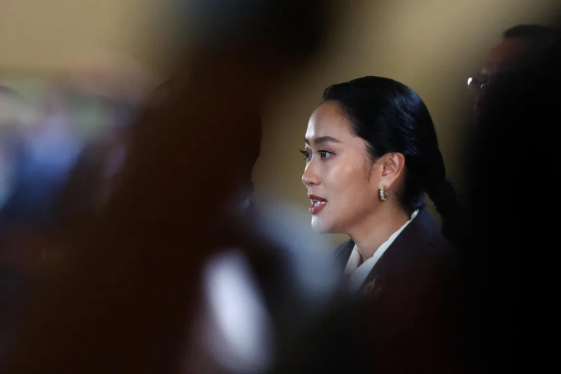 Paetongtarn Shinawatra speaking during a press conference after the Constitutional Court ruled to remove her from office on Friday.