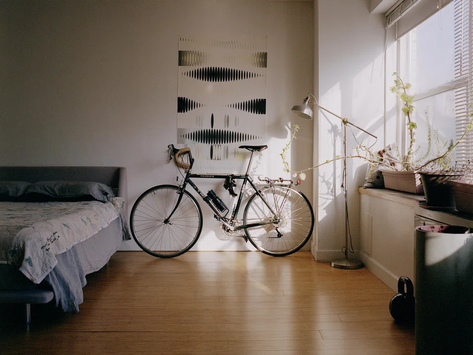 Spodek's apartment in NYC's Greenwich Village. The lamp, if it is needed, can be plugged into a battery pack.