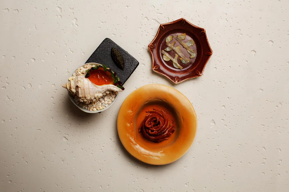 Pasta made of ancient wheat in a delicious carrot-prawn sauce, served with sliced whelk and carrot scoby.