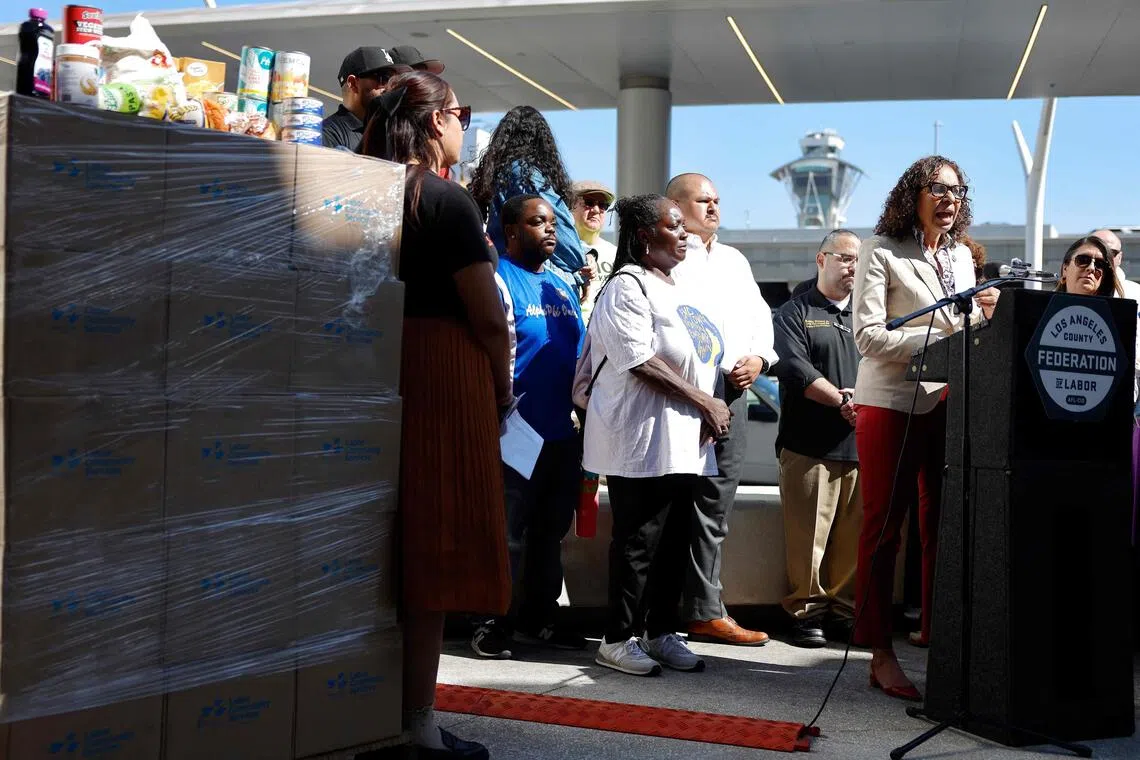 Rep. Sydney Kamlager-Dove speaks at a news conference before a food distribution event at Los Angeles International Airport for federal workers impacted by the federal government shutdown, Los Angeles, California, Oct 22, 2025.