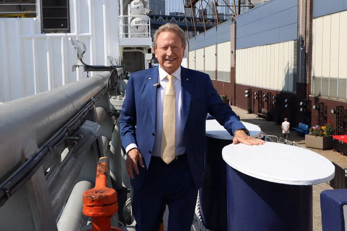 Australian businessman and philanthropist Andrew Forrest on board the Green Pioneer.  The former oil-rig supply vessel is meant to be the first in a fleet of ammonia-powered ships.