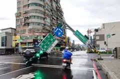 A traffic light knocked down by Typhoon Danas in Chiayi, Taiwan, July 6, 2025.