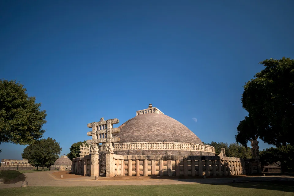 The Sanchi Stupa in Sanchi Madhya Pradesh, is a structure renowned 
for its ancient carvings and stands as a symbol of Buddhist culture.