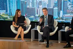 Colm Kelleher (right), chairman of UBS Group, noted that the lack of visibility among non-bank financial institutions may pose a problem for regulators. He was speaking at a panel during the Bretton Woods Committee's Future of Finance Forum 2024, moderated by BWC executive director Emily Slater (left).