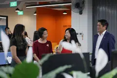 In the foreground, from left: AsiaOne Online editorial strategist Lim Ke Wei meeting Minister of State for Manpower Gan Siow Huang, National Trades Union Congress director for women and family Yeo Wan Ling, and Singapore National Employers Federation honorary secretary Edwin Ng on Wednesday (Jan 31), when the workgroup drawing up the flexi-work guidelines visited AsiaOne.  