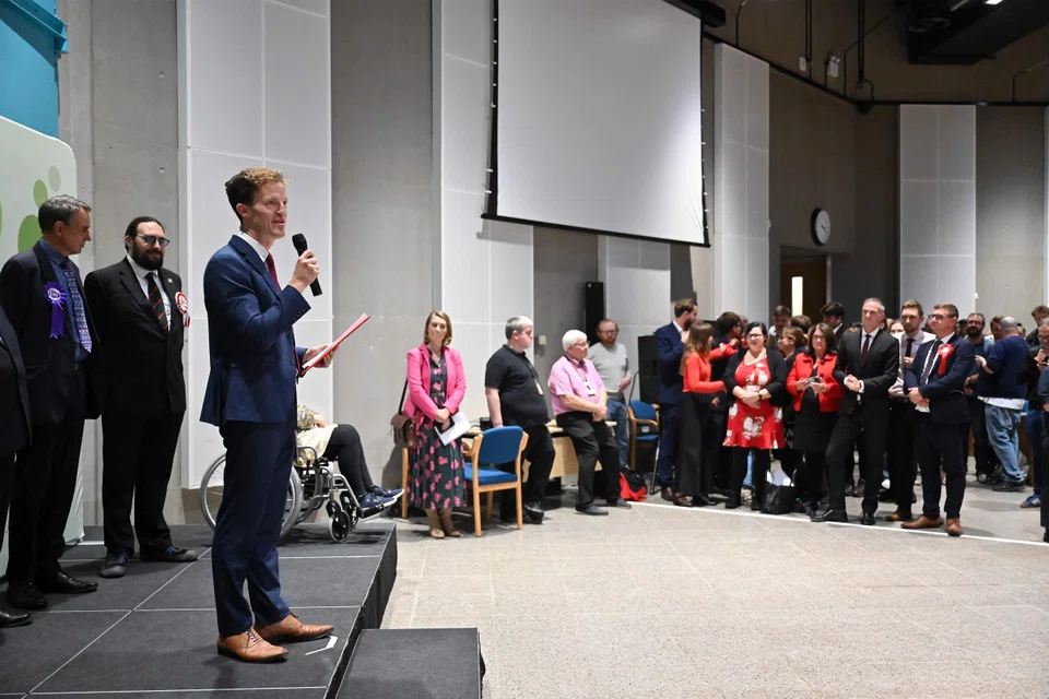 Labour Party candidate Alistair Strathern gives a speech after winning the Mid-Bedfordshire Parliamentary by-election, at the count centre in Shefford, north of London on Oct 20, 2023. 