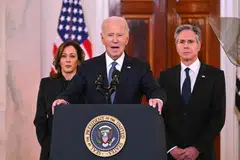 US President Joe Biden, alongside Vice-President Kamala Harris (left) and Secretary of State Antony Blinken (right), speaks about the Israel-Hamas ceasefire and hostage release deal at the White House, Washington D.C.. Jan 15, 2025. 