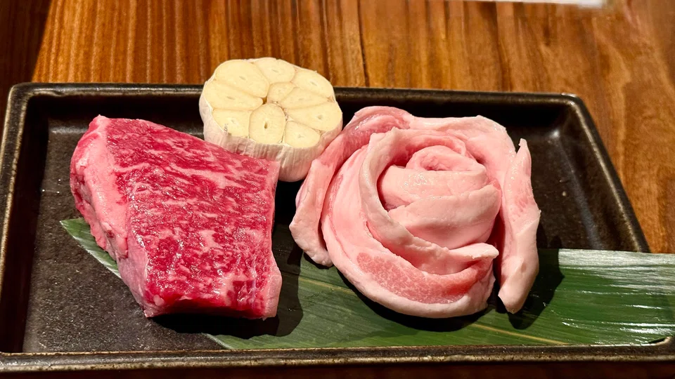 Hanwoo striploin and pork jowl.