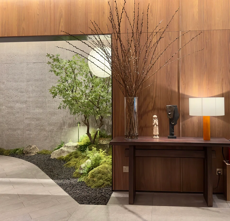 A Chinese garden-inspired foyer.