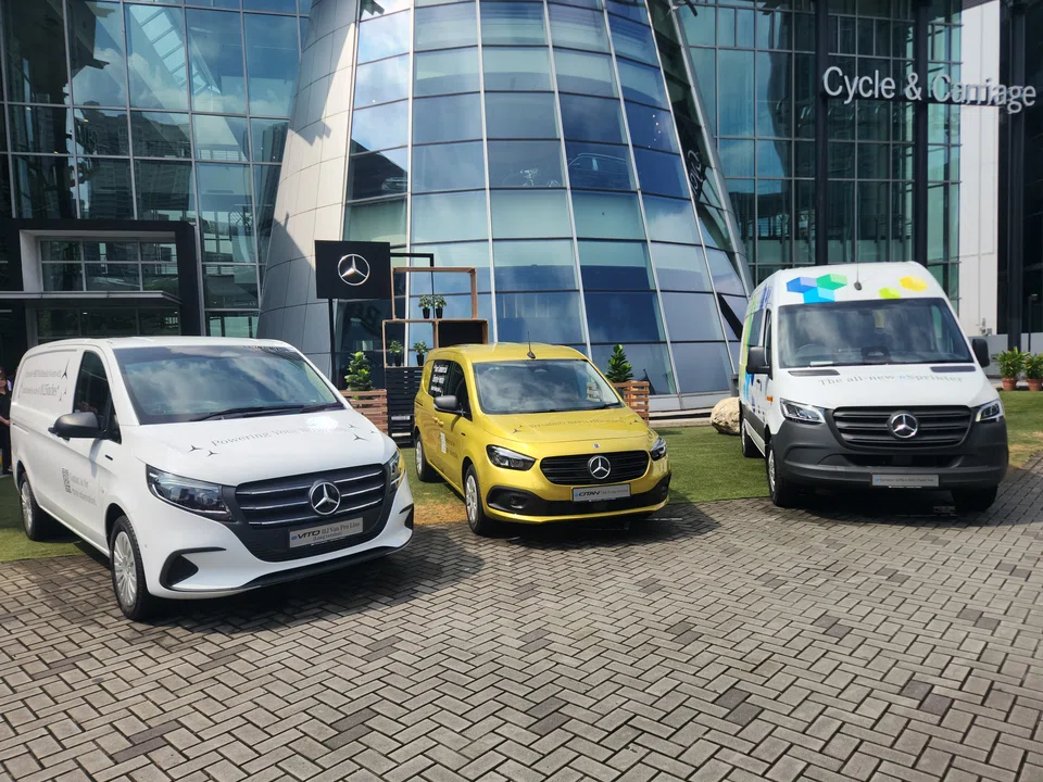 From left: The Mercedes-Benz eVito, eCitan and eSprinter electric vans, which were launched in Singapore on Wednesday (Apr 16). 