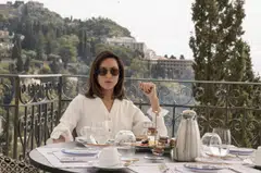 Aubrey Plaza in the second season of The White Lotus, which was filmed at San Domenico Palace, a Four Seasons resort hotel in Taormina, Sicily.