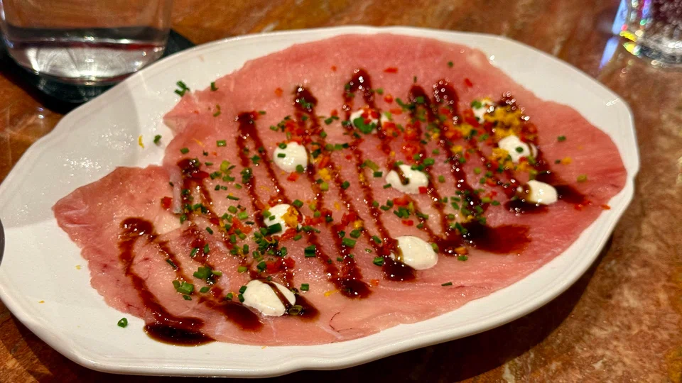 Tuna carpaccio with anchovy mayonnaise,