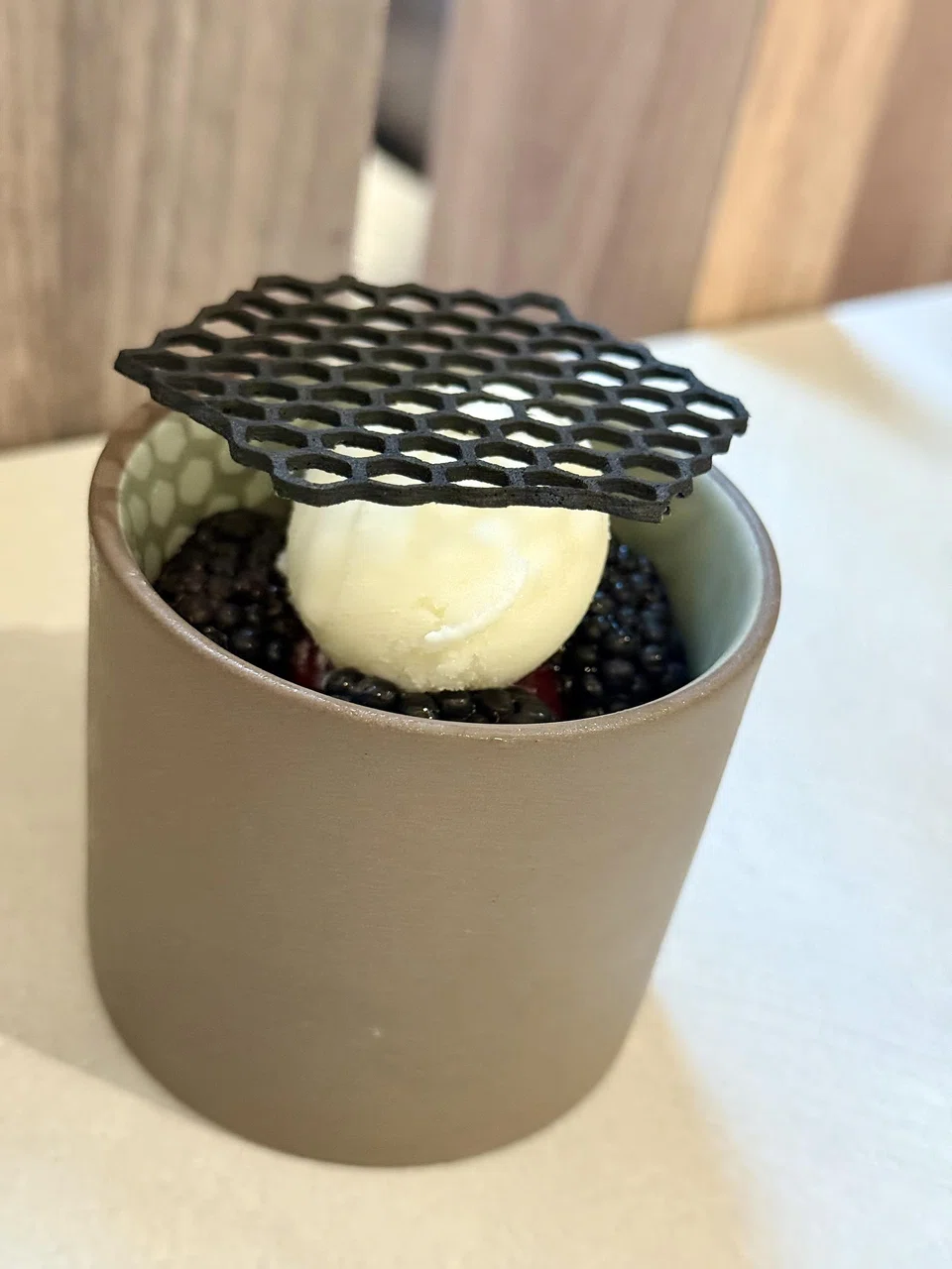 Bergamot posset with blackberries and sorbet.