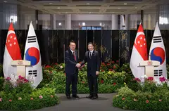 South Korean President Yoon Suk-yeol (left) and Singapore Prime Minister Lawrence Wong oversaw the signing of an extradition treaty and witnessed the exchange of five MOUs.