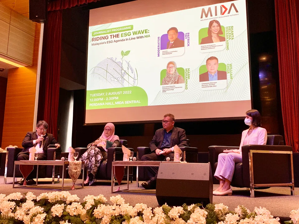 The ESG panel discussion organised by Malaysian Investment Development Authority (Mida). From left: PwC Malaysia deals partner of economics and policy Patrick Tay, Mida executive director of investment policy advocacy (manufacturing) Masni Muhammad, Ramatex Textiles Industrial corporate manager William Chua and United Nations Global Compact Malaysia and Brunei director of programme Shanta Helena Dwarkasing.