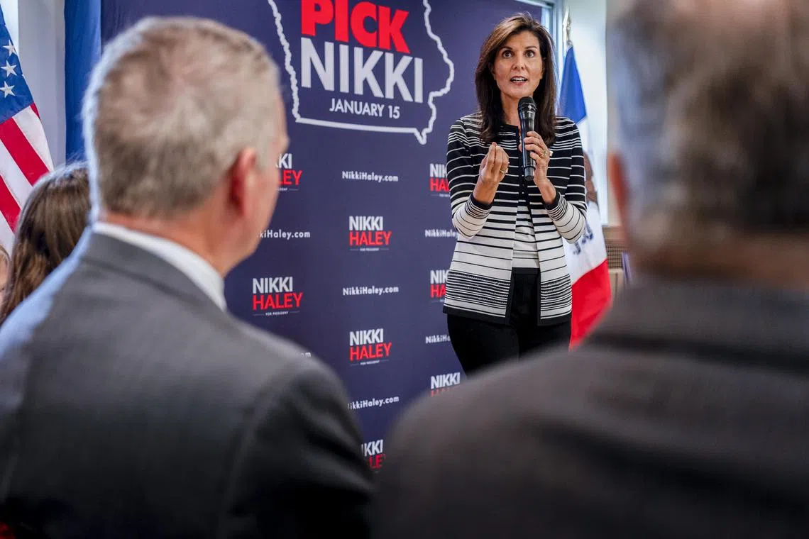 Former US ambassador and Republican presidential hopeful Nikki Haley speaking at a campaign event in Dubuque, Iowa on Nov 16, 2023. 