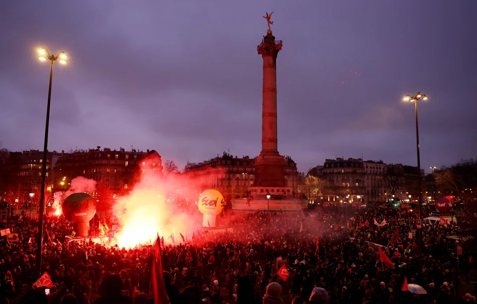 Demonstrators gather in Place de la Bastille during a rally called by French trade unions in Paris, France on Jan 19, 2023. 