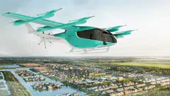 A rendering of an electric vertical take-off and landing (eVTOL) craft built by eVTOL player Eve, which went public in 2022.