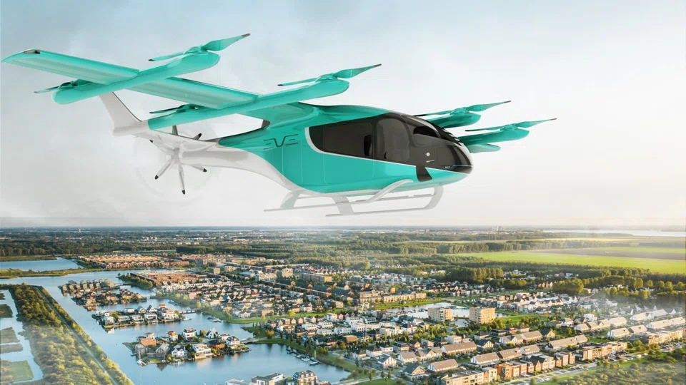A rendering of an electric vertical take-off and landing (eVTOL) craft built by eVTOL player Eve, which went public in 2022.