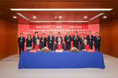 Seated, from left: Weng Hongbing, president of Hudong-Zhonghua; Lars Kastrup, CEO of PIL; and Wu Aijun, vice-president of China Shipbuilding Trading Co at the signing ceremony of PIL's latest vessel order.