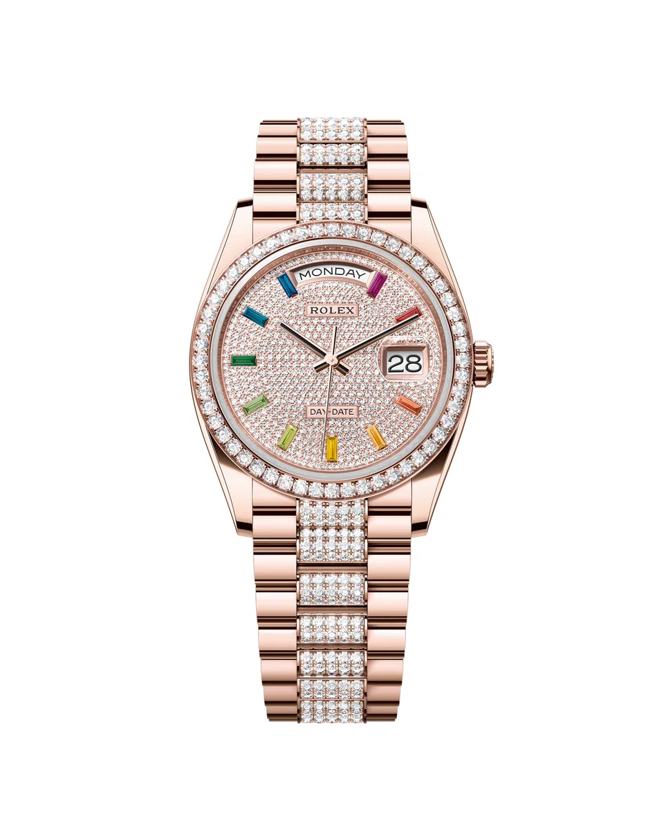 The Oyster Perpetual Day-Date 36 in Everose gold, with a diamond-paved dial.