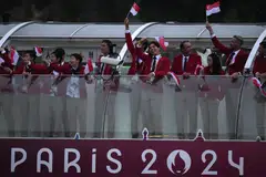 The Singapore contingent aboard a boat on the River Seine during the opening ceremony of the Paris 2024 Olympics, Paris, France, July 26, 2024.