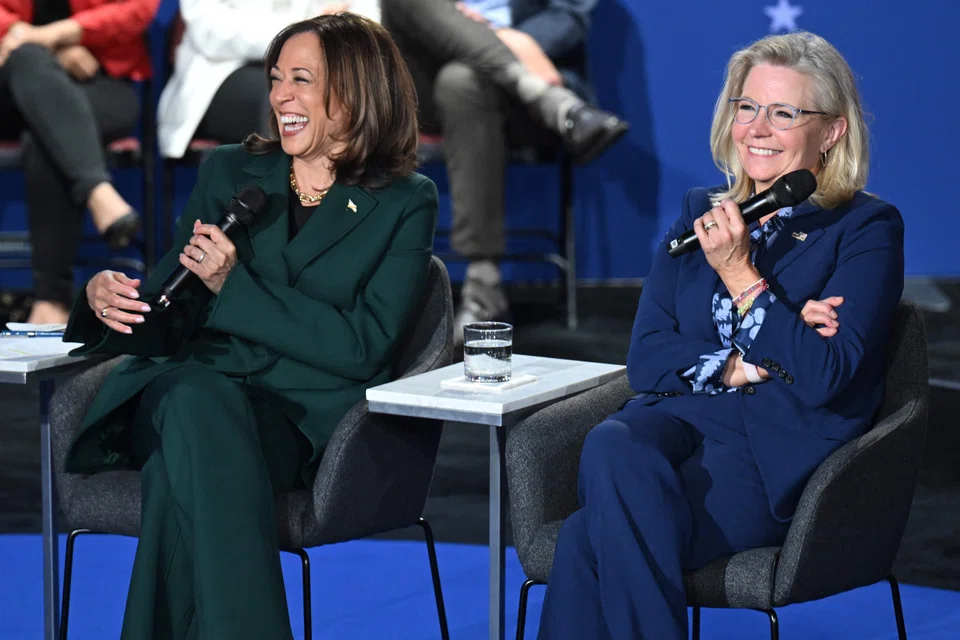 US Vice-President and Democratic presidential candidate Kamala Harris (left) and Liz Cheney hold a moderated town hall discussion at the Royal Oak Music Theatre in Royal Oak, Michigan, Oct 21, 2024. 