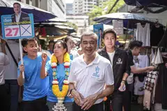 Democrat Party candidate Abhisit Vejjajiva smiles during an election campaign rally ahead of the Feb 8 general election, Bangkok, Thailand, Jan 27, 2026. 