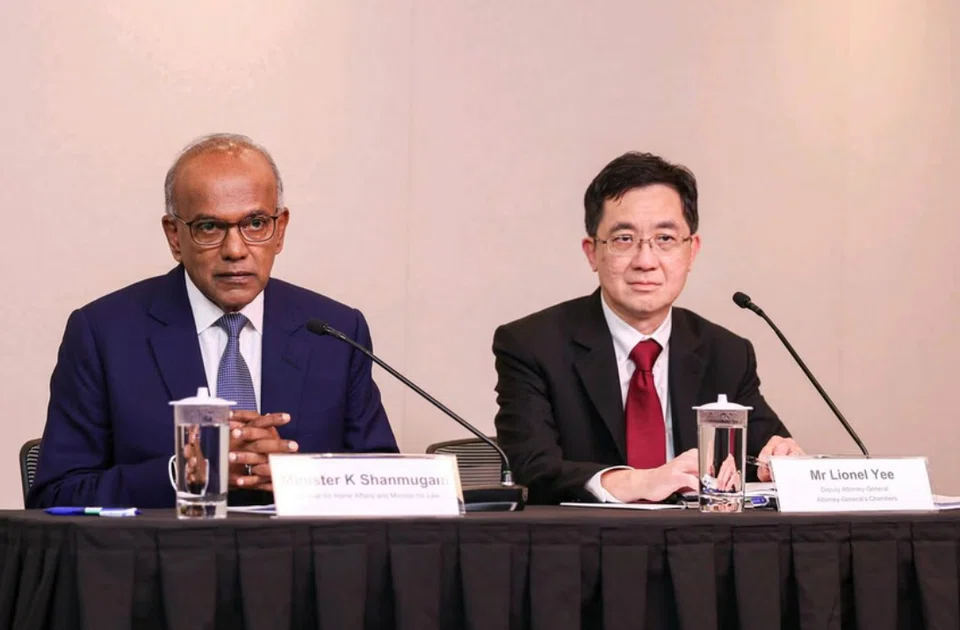 Law and Home Affairs Minister K. Shanmugam and Deputy Attorney-General Lionel Yee at a press conference on March 10 about the extradition request.