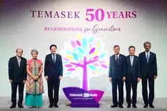 From left: Lee Theng Kiat, chairman of Temasek International; Ho Ching, chairman of Temasek Trust; PM Lawrence Wong; Lim Boon Heng, chairman of Temasek Holdings; Cheng Wai Keung, deputy chairman of Temasek Holdings; and Dilhan Pillay Sandrasegara, executive director and CEO of Temasek Holdings and Temasek International, at the launch of the commemorative book that charts Temasek’s 50 years of history.