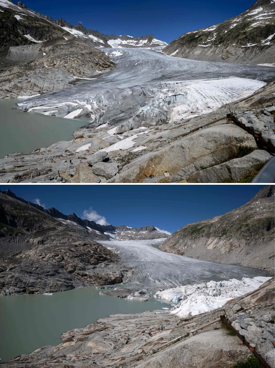 This combination of two photographs created on Aug 22, 2022, shows (top) the Rhone Glacier, near Gletsch, with a part covered with insulating foam to prevent it from melting due to global warming on Jul 14, 2015 and (bottom) the same location on Jul 8, 2022. - Swiss glaciers have shed half their volume since 1931, Swiss researchers said on Aug 22, 2022, following the first reconstruction of the country's ice loss in the 20th century. Rapid glacier melt in the Alps and elsewhere, which scientists say is driven by climate change, has been increasingly closely monitored since the early 2000s. 